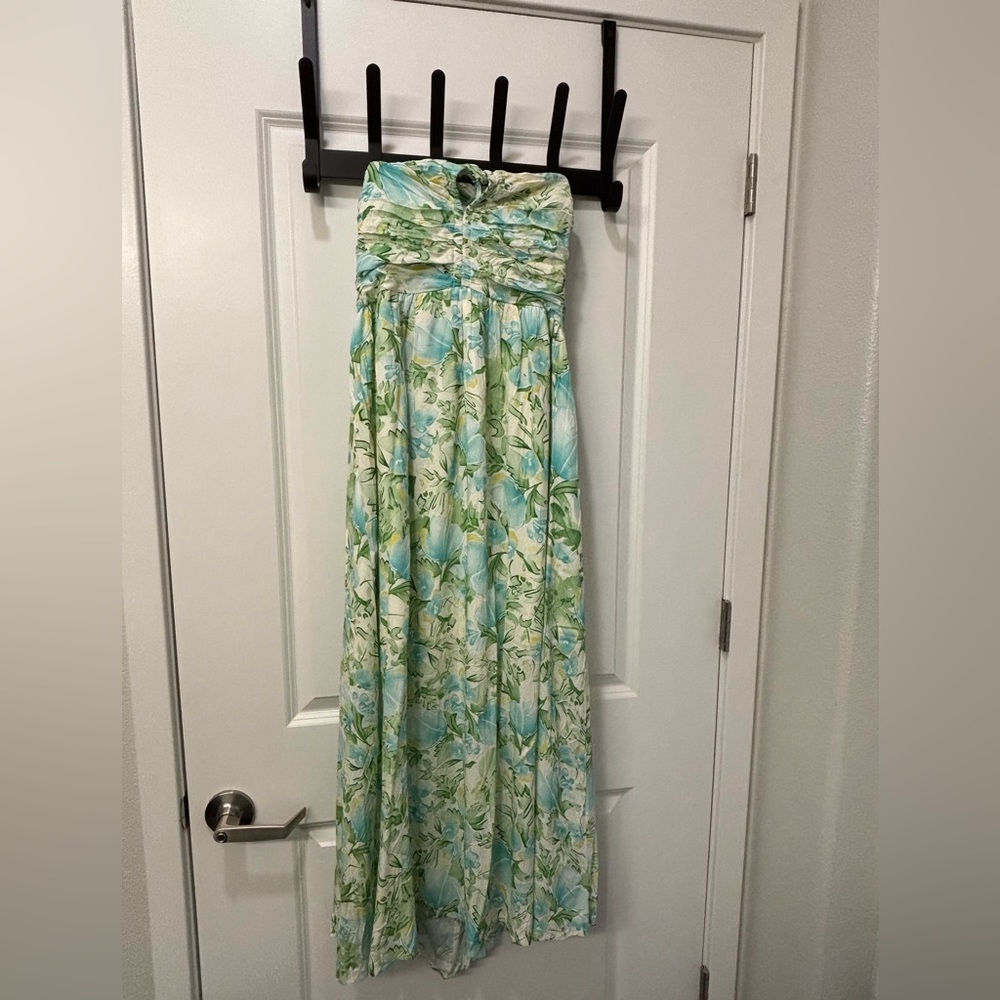 Floral Strapless Maxi Dress - Green and White